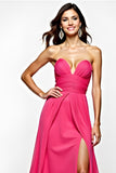 A Line Fuchsia Sweetheart Ruched Long Prom Dress with Slit