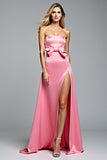 Hot Pink Strapless Sheath Bowknot Long Prom Dress with Slit