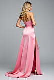 Hot Pink Strapless Sheath Bowknot Long Prom Dress with Slit