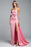 Hot Pink Strapless Sheath Bowknot Long Prom Dress with Slit