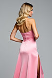 Hot Pink Strapless Sheath Bowknot Long Prom Dress with Slit