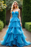 Blue Strapless A Line Tiered Chiffon Maxi Prom Dress with Ruffles