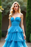 Blue Strapless A Line Tiered Chiffon Maxi Prom Dress with Ruffles