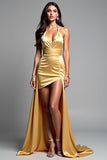 Golden Halter Sheath Backless High-Low Maxi Prom Dress