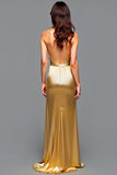 Golden Halter Sheath Backless High-Low Maxi Prom Dress