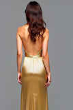 Golden Halter Sheath Backless High-Low Maxi Prom Dress