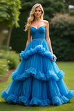 Blue Sweetheart Ball Gown Corset A Line Tiered Prom Dress with Ruffles