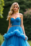 Blue Sweetheart Ball Gown Corset A Line Tiered Prom Dress with Ruffles