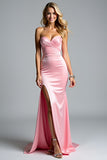 Pink Sheath Strapless Sweetheart Floor Length Prom Dress with Slit