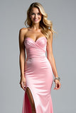 Pink Sheath Strapless Sweetheart Floor Length Prom Dress with Slit