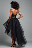 Black Strapless Corset A Line Tiered High Low Prom Dress