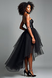 Black Strapless Corset A Line Tiered High Low Prom Dress