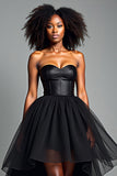 Black Strapless Corset A Line Tiered High Low Prom Dress