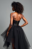 Black Strapless Corset A Line Tiered High Low Prom Dress