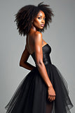 Black Strapless Corset A Line Tiered High Low Prom Dress