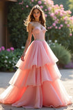 Pink A Line Sweetheart Corset Tiered Long Prom Dress with Ruffles