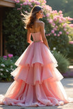 Pink A Line Sweetheart Corset Tiered Long Prom Dress with Ruffles