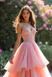 Pink A Line Sweetheart Corset Tiered Long Prom Dress with Ruffles