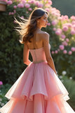 Pink A Line Sweetheart Corset Tiered Long Prom Dress with Ruffles