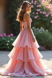 Pink A Line Sweetheart Corset Tiered Long Prom Dress with Ruffles