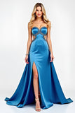 Satin Blue Strapless Cut Out A Line Beaded Long Prom Dress with Slit