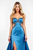 Satin Blue Strapless Cut Out A Line Beaded Long Prom Dress with Slit