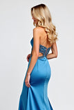 Satin Blue Strapless Cut Out A Line Beaded Long Prom Dress with Slit