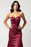 Burgundy Strapless Sweetheart Sheath Long Wedding Guest Dress