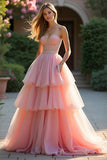 Sweetheart Corset Blush A Line Tiered Long Prom Dress with Ruffles