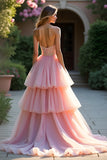 Sweetheart Corset Blush A Line Tiered Long Prom Dress with Ruffles