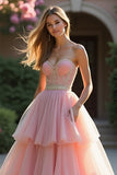 Sweetheart Corset Blush A Line Tiered Long Prom Dress with Ruffles