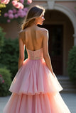 Sweetheart Corset Blush A Line Tiered Long Prom Dress with Ruffles