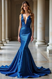 Glitter V-Neck Royal Blue Mermaid Long Prom Dress