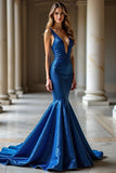 Glitter V-Neck Royal Blue Mermaid Long Prom Dress