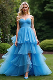 A Line Blue Sweetheart Tiered Long Ruffled Prom Dress with Slit