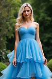 A Line Blue Sweetheart Tiered Long Ruffled Prom Dress with Slit