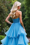 A Line Blue Sweetheart Tiered Long Ruffled Prom Dress with Slit