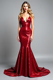 Sparkly Sequined Red V Neck Mermaid Long Prom Dress