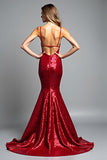 Sparkly Sequined Red V Neck Mermaid Long Prom Dress