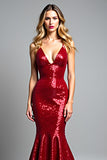 Sparkly Sequined Red V Neck Mermaid Long Prom Dress