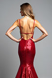 Sparkly Sequined Red V Neck Mermaid Long Prom Dress