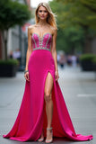 Fuchsia A Line Corset Beaded Long Prom Dress with Slit