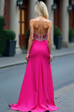 Fuchsia A Line Corset Beaded Long Prom Dress with Slit