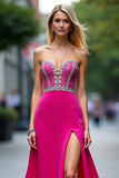 Fuchsia A Line Corset Beaded Long Prom Dress with Slit