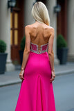 Fuchsia A Line Corset Beaded Long Prom Dress with Slit