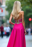 Fuchsia A Line Corset Beaded Long Prom Dress with Slit