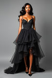 Black A Line Spaghetti Straps Tiered High Low Ruffled Prom Dress