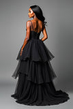 Black A Line Spaghetti Straps Tiered High Low Ruffled Prom Dress