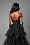 Black A Line Spaghetti Straps Tiered High Low Ruffled Prom Dress