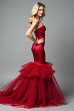 Sweetheart Red Mermaid Ruffled Long Prom Dress